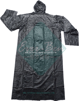 Black PVC rain suit-plastic hooded rain mac supplier